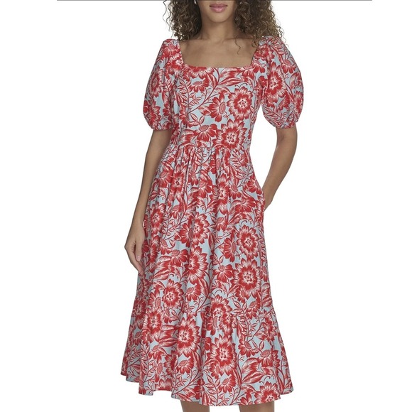 Falling Flowers Dresses & Skirts - Falling Flowers Women's Square Neck Puff Sleeve Tiered Midi Dress Size Large NWT